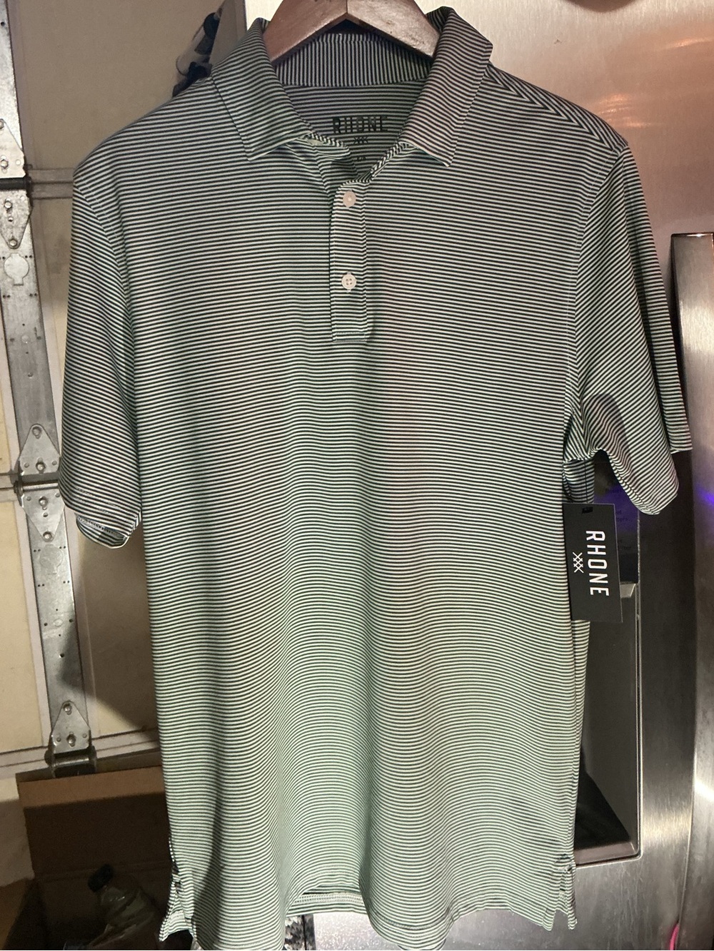 RHONE Men's Light Green Striped Polo